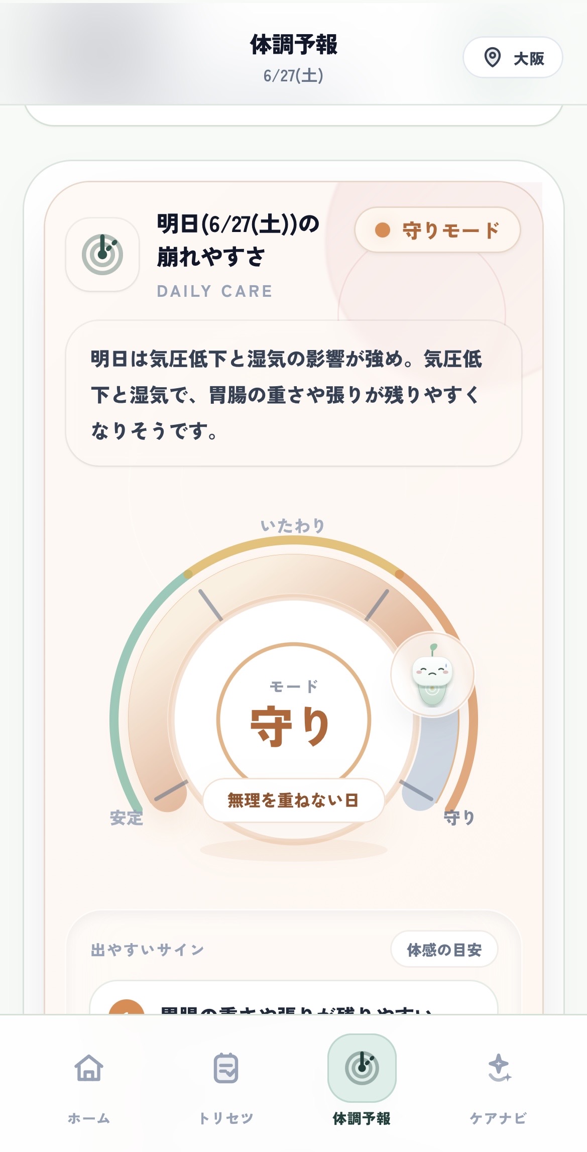 守りの日の体調予報画面