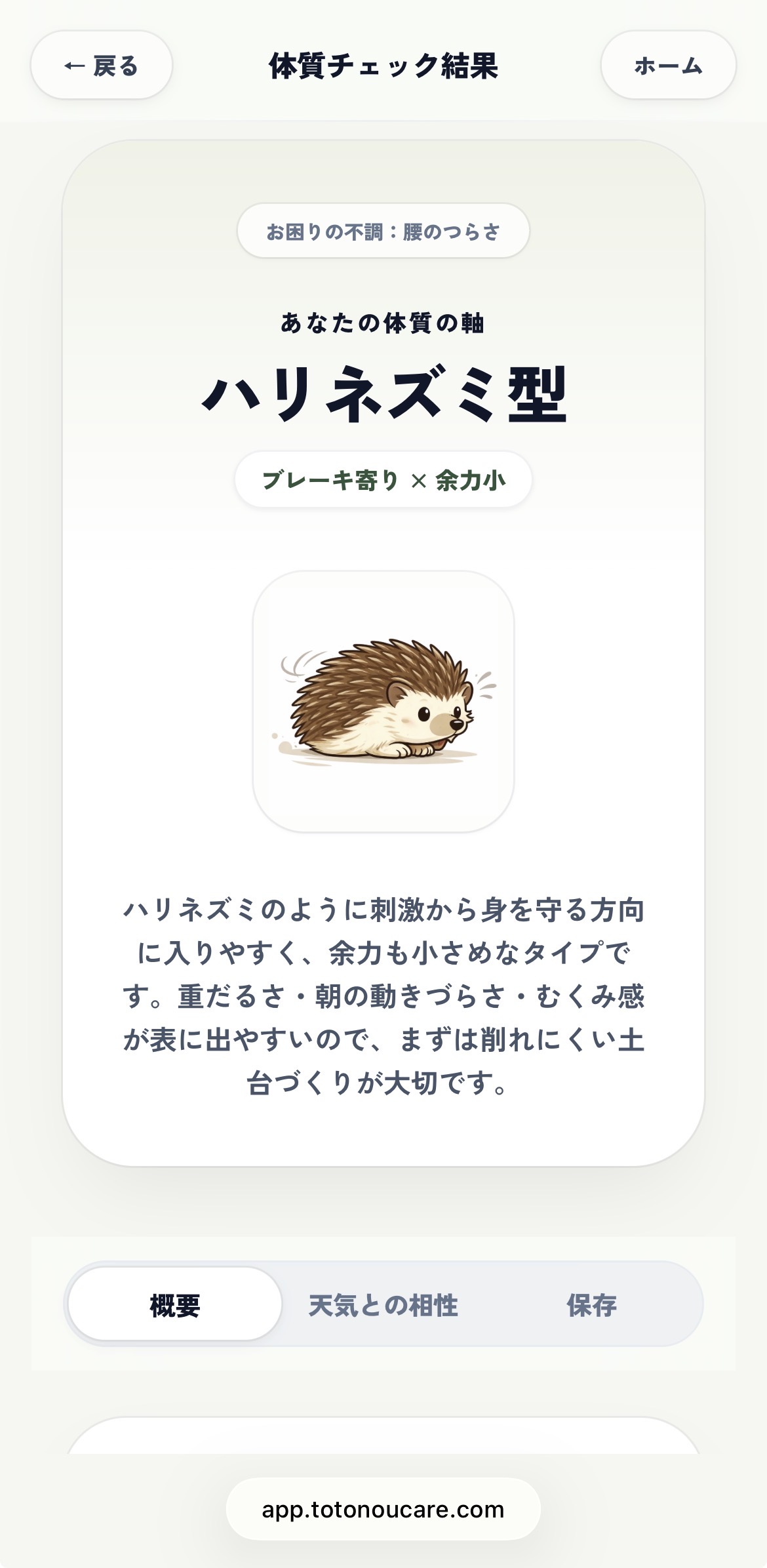 体質チェック結果画面